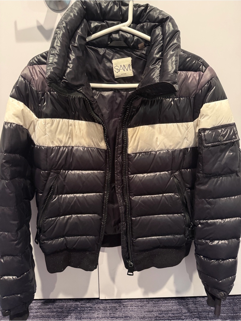 SAM Starburst Black Puffer Jacket with Cream Chest Stripe